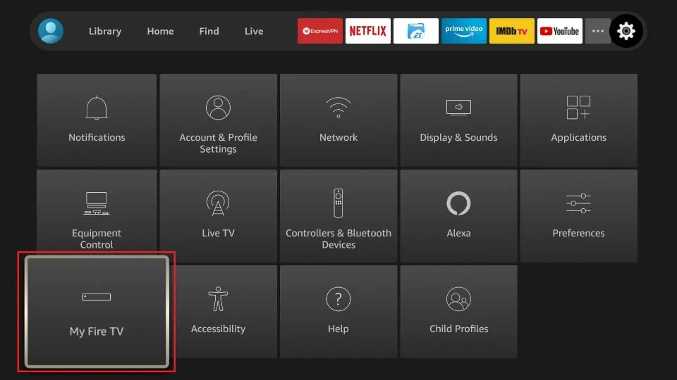 Amazon Firestick-Einstellungsmenü mit hervorgehobener Option 'Mein Fire TV' für erweiterte Systemeinstellungen.