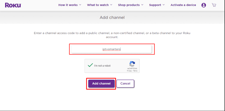 Roku-Seite zum Hinzufügen eines Kanals mit eingegebenem IPTV Smarters-Code und hervorgehobenem 'Kanal hinzufügen'-Button.