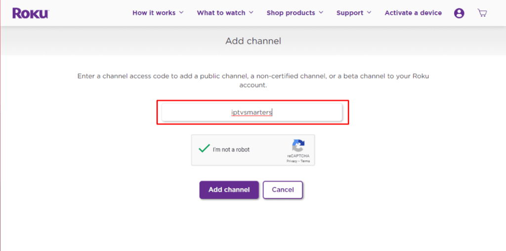 Roku-Seite zum Hinzufügen eines Kanals mit eingegebenem Zugangscode 'iptvsmarters'.