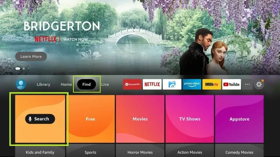 Amazon Firestick-Startbildschirm mit Suchfunktion zum Installieren von IPTV Smarters.