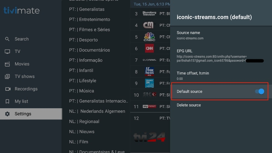 TiviMate IPTV-App-Einstellungsbildschirm mit aktivierter Standardquellenoption für getxtremeiptv-Nutzer.